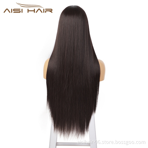 Aisi Hair 30 Inch Long Silky Straight Brown Wig Middle Part Swiss Lace Wigs Synthetic Lace Front Hair Wigs For Black Women